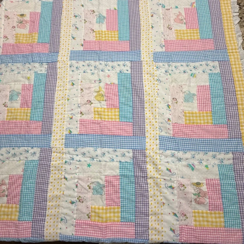 Vintage Handmade Baby Quilt Pastel Gingham Bunny Log Cabin Eyelet Trim 44x45